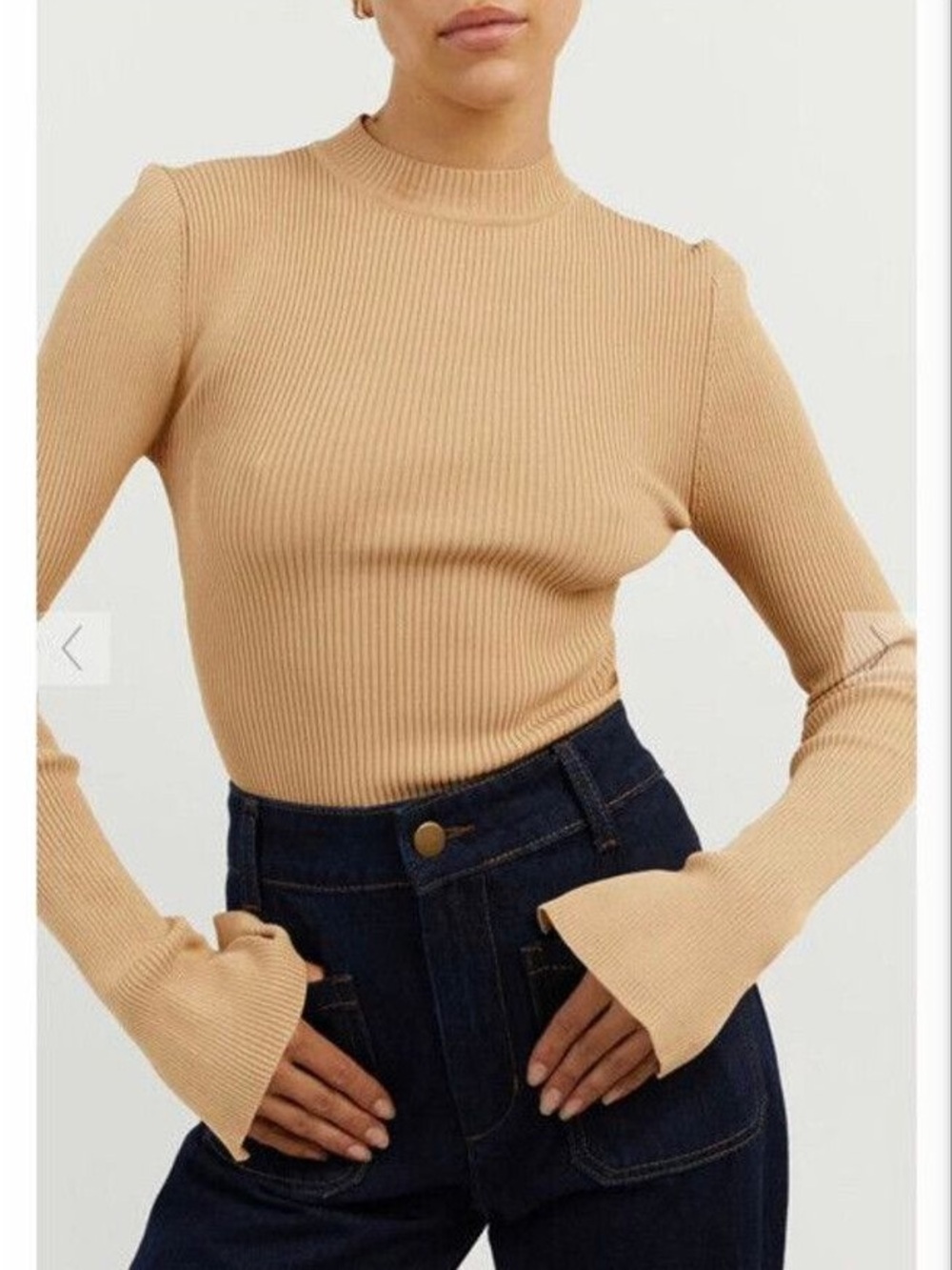 DISSH Camel Ribbed Mock-Neck Long Sleeve Top